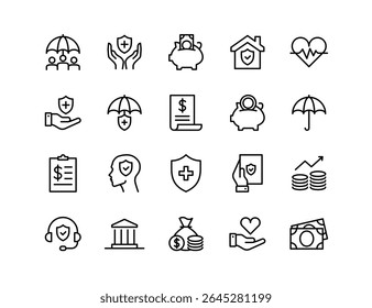 Conjunto de Ícones do Vetor de Seguros | Espessura ajustável da linha | Proteção, saúde, dinheiro, política, guarda-chuva, reivindicação, economias, cobertura, documento, coração, casa, escudo, ícones financeiros