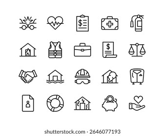 Conjunto de Ícones do Vetor de Seguros | Espessura ajustável da linha | Saúde, vida, acidente, segurança, reivindicação, casa, risco, propriedade, poupança, fogo, equilíbrio, contrato, cobertura, ícones de ajuda
