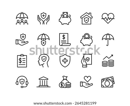 Insurance Vector Icon Set | Adjustable Line Weight | Protection, health, money, policy, umbrella, claim, savings, coverage, document, heart, home, shield, finance icons