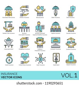 Insurance vector icons. Assumption reinsurance, aviation, bancassurance, boiler, bond, builders risk, business interruption, disability, captive, casualty, catastrophe, credit, critical illness, death