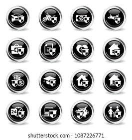 insurance vector icons - black round chrome buttons