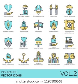 Insurance Vector Icons. Divorce, Dual Trigger, Earthquake, Fidelity Bond, Financial, Finite Risk, Flood, Gap, Health, Home, Inland Marine, Interest Rate, Key Person, Kidnap And Ransom, Labor, Landlord