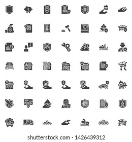 Insurance vector icons set, modern solid symbol collection, filled style pictogram pack. Signs, logo illustration. Set includes icons as Security protection shield, travel crash insurance, Home flood