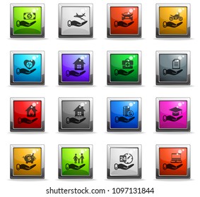 insurance vector icons in square colored buttons for web and user interface design