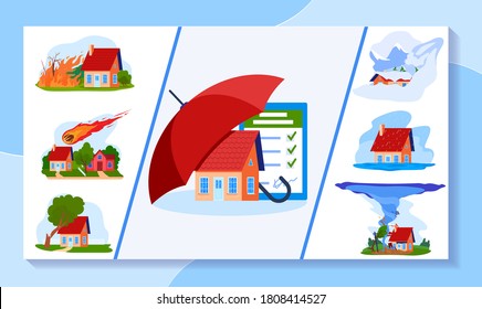 Insurance vector illustration. Cartoon flat umbrella protecting real estate household building against natural disaster damage, stormy weather. House accident protection insurance service background