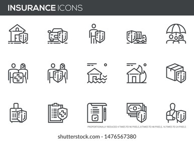 Insurance vector line icons set. Health insurance, life and property protection . Editable stroke. Perfect pixel icons, such can be scaled to 24, 48, 96 pixels.