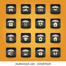 insurance vector symbols on black buttons on yellow background