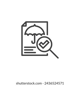 Symbol für die Versicherungsnachweisposition. Lineares Stilzeichen für mobiles Konzept und Webdesign. Versicherungsdokument mit Lupe und Häkchen-Umriss-Vektor-Symbol. Symbol, Logo-Darstellung.