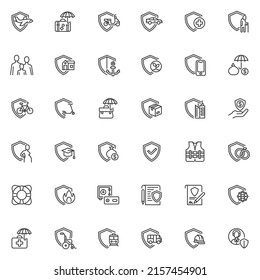 Insurance warranty line icons set. linear style symbols collection, outline signs pack, vector graphics. Set includes icons as insurance certificate, guarantee document, property, transportation