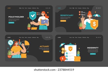 Insurance web banner or landing page dark or night mode set. Security of life and property. Healthcare and emergencies compensation or clinic services spendings coverage. Flat vector illustration