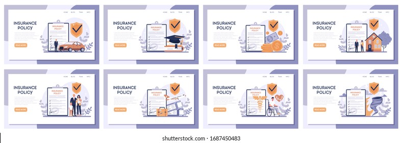 Insurance web banner set. Idea of security and protection of property and life from damage. Travel and business safety. Isolated flat vector illustration