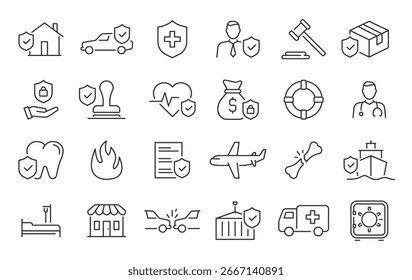 Insurance web icons in line style. Medical, Car, insurance situations, accident, health, flood, life, travel, fly, home. Vector illustration.	