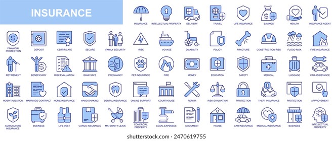 Insurance web icons set in duotone outline stroke design. Pack pictograms with secure for intellectual property, delivery, life, travel, savings, health, financial, pet, family. Vector illustration.