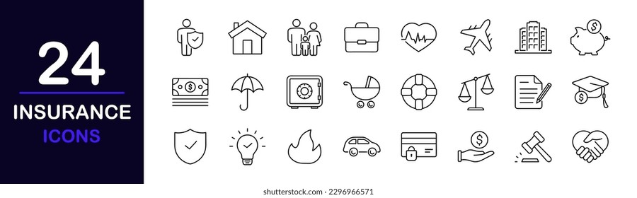 Insurance web icons set. Insurance - simple thin line icons collection. Containing car protection, health Insurance, contract, travel insurance, risk, help service and more. Simple web icons set