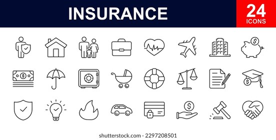 Iconos web de seguros establecidos. Seguros - colección simple de iconos de línea delgada. Contienen protección de automóviles, seguro de salud, contrato, seguro de viaje, riesgo, servicio de ayuda y más. Conjunto simple de iconos web