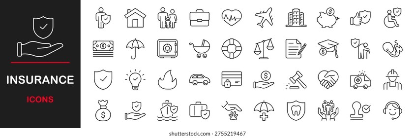 Insurance web icons set. Insurance - simple thin line icons collection. Containing car protection, health Insurance, contract, travel insurance, risk, help service and more. Simple web icons set