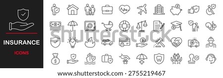 Insurance web icons set. Insurance - simple thin line icons collection. Containing car protection, health Insurance, contract, travel insurance, risk, help service and more. Simple web icons set