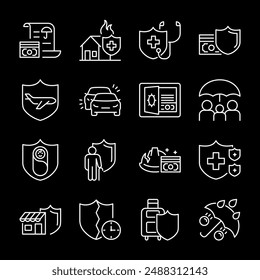 Insurance, white line icons. Life and property insurance symbols, including financial protection and health coverage. financial services and safety themes. Symbols on black background. Editable stroke