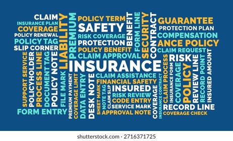 Diseño de nube de palabras de seguros, cobertura de seguros y concepto de responsabilidad para la protección de pólizas y seguridad financiera