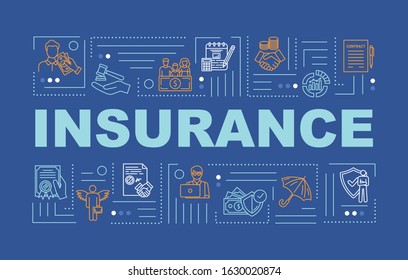 Insurance word concepts banner. Life coverage. Risk management. General plan. Infographics with linear icons on blue background. Isolated typography. Vector outline RGB color illustration