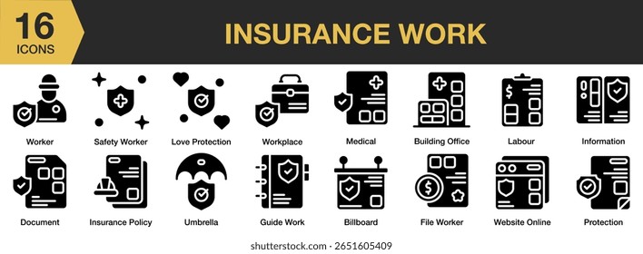 Conjunto de ícones sólidos do Trabalho de Seguro. Inclui seguro, saúde, trabalho, segurança, negócios e muito mais. Coleção vetorial de ícones sólidos.