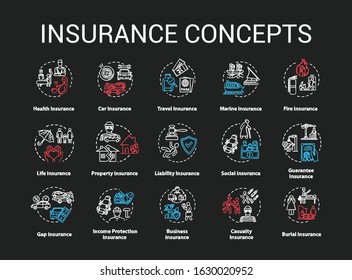 Insurancechalk RGB color concept icons set. Protection from financial loss. Legal contract. Risk management idea. Vector isolated chalkboard illustrations on black background