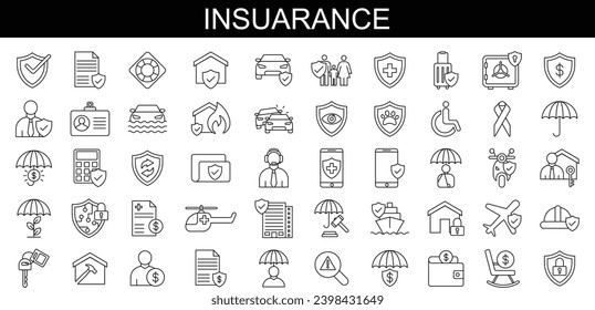 Iconos de la línea de seguros, signos establecidos. Seguros, Cobertura, Políticas