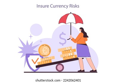 Insure currency risks. Effective financial optimization in conditions of economic stagnation. Economic activity decline, business-saving actions. Flat vector illustration