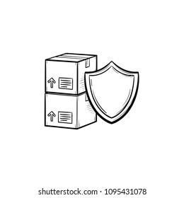 Insured cardboard boxes beyond the shield sign hand drawn outline doodle icon. Cargo insurance iconcept vector sketch illustration for print, web, mobile and infographics isolated on white background.