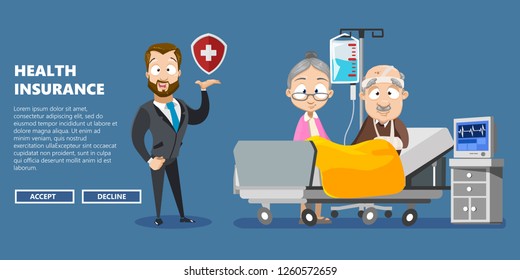 Insurer with offer of Health Insurance vector illustration. Website page with pensioner in hospital room with broken arm flat style. Template with man assurer and button accept decline. Place for text