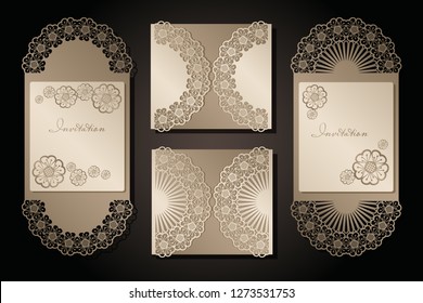 intage envelope and invitation for laser cutting. Openwork cover and card design for wedding, Valentine's Day, romantic party. Vector illustration.