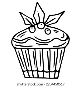 intage greeting card with Christmas sweet cupcake or muffin with cream and decoration. New year vector illustration.