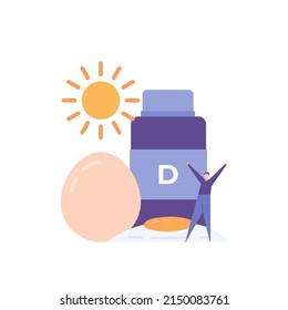 intake of vitamin D or foods high in vitamin D. a man stands next to eggs, sunshine, and a jar of medicine. health. flat cartoon symbol illustration. concept vector design