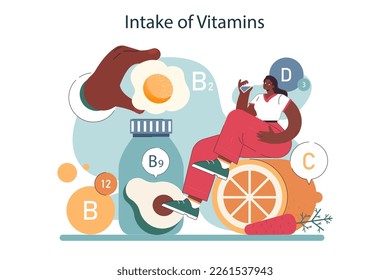 Intake of vitamins. Dieting and nutritions for breastfeeding. Multivitamins for healthy nursing mother. Flat vector illustration