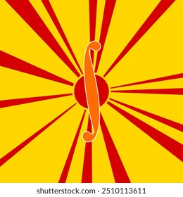 Integral symbol on a background of red flash explosion radial lines. The large orange symbol is located in the center of the sun, symbolizing the sunrise. Vector illustration on yellow background
