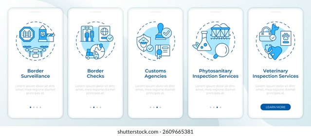 Integrated border management blue onboarding mobile app screen. Migration. Walkthrough 5 steps editable graphic instructions with linear concepts