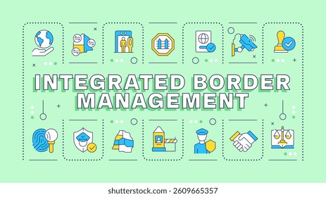 Integrated border management mint green word concept. National service of migration security. Typography banner. Vector illustration with title text, editable icons color