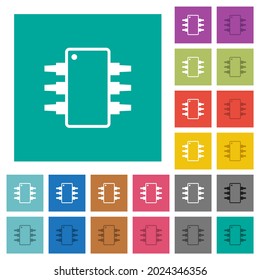 Integrated circuit alternate version multi colored flat icons on plain square backgrounds. Included white and darker icon variations for hover or active effects.