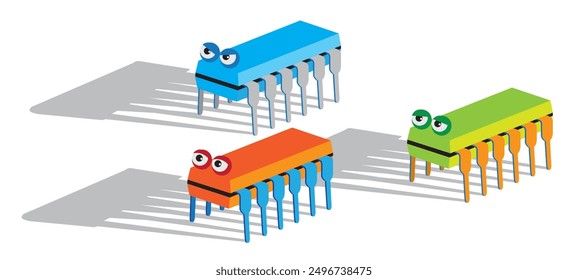 Integrated circuit cartoon set, with different colors and eyes in different expressions