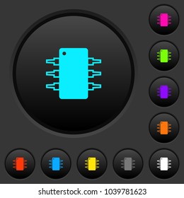 Integrated circuit dark push buttons with vivid color icons on dark grey background