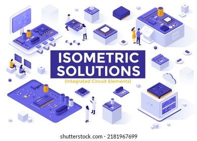 Integrated circuit elements set - people using electronic microchips, processing units, computer hardware. Collection of isometric design elements isolated on white background. Vector illustration.