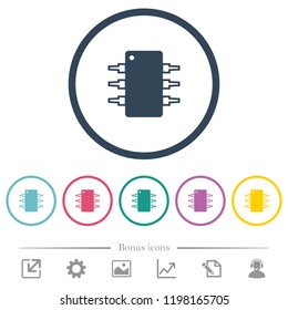 Integrated circuit flat color icons in round outlines. 6 bonus icons included.