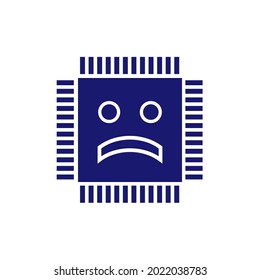 Icono de circuito integrado aislado en fondo blanco. Falta de papas fritas. Fabricación de semiconductores. Procesador, microchip. Sonrisa triste. Ilustración vectorial