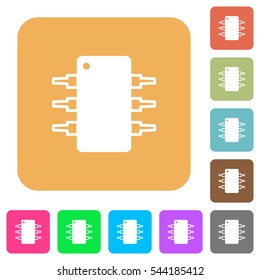 Integrated circuit icons on rounded square vivid color backgrounds.