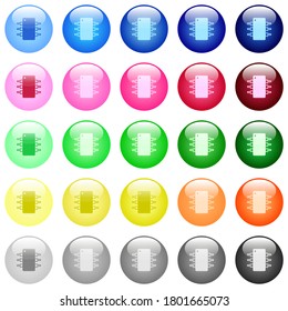 Integrated circuit icons in set of 25 color glossy spherical buttons