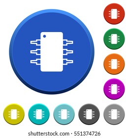 Integrated circuit round color beveled buttons with smooth surfaces and flat white icons