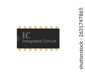 An Integrated Circuit. A small electronic device made up of numerous components like transistors, resistors, capacitors, embedded on a single semiconductor chip. Pin, analog, digital, signal. Vector