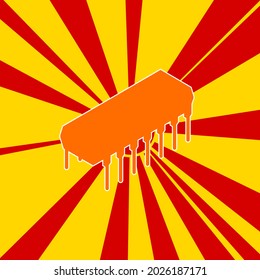 Integrated circuit symbol on a background of red flash explosion radial lines. A large orange symbol is located in the center of the sunrise. Vector illustration on yellow background