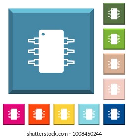 Integrated circuit white icons on edged square buttons in various trendy colors