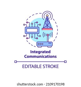 Icon des integrierten Kommunikationskonzepts. Smart Grid Komponenten abstrakte Idee dünne Linie Illustration. Einzeln Umrisszeichnung. Bearbeitbarer Strich. Verwendung von Roboter-Medium, Myriad Pro-Fett-Schriftarten